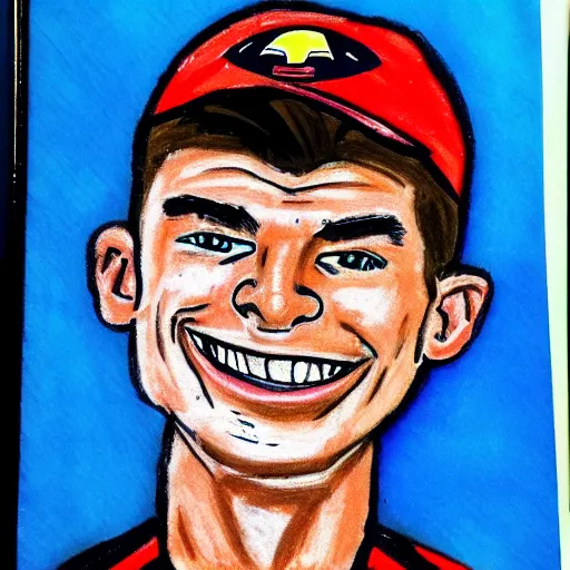 Prompt: a badly drawn picture of max verstappen, caricature, crayon art, bad, beginner art