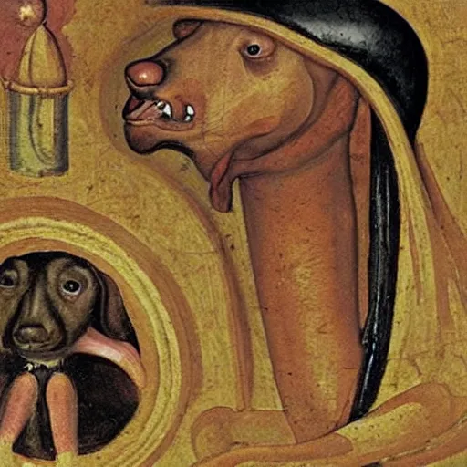 Image similar to medieval painting of the depths of hell see in the opened mouth of a gigantic dachshund,