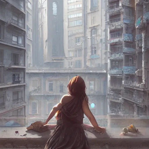 Prompt: window, eye, women, buildings, surprise, wlop, artgerm, greg rutkowski,