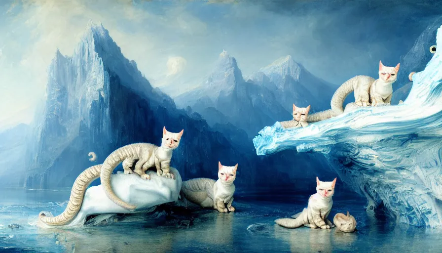 Image similar to highly detailed painting of white cute baby scaled oriental dragon cats on a blue and white iceberg by william turner, by greg rutkowski, by william constable, thick brush strokes and visible paint layers, 4 k resolution