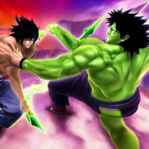 Image similar to epic anime battle between the sasuke and the incredible hulk, digital art, game art, character design, trending on artstation, ultra realistic, ultra detailed