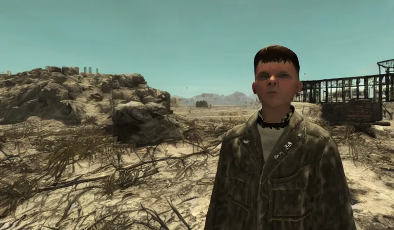 Image similar to Yung Lean in a cutscene from Fallout New Vegas, wide shot, low angle, screenshot