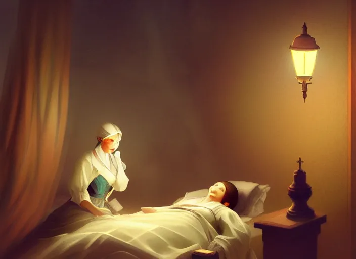 Image similar to 1 8 5 4 crimea, florence nightingale holding lamp, army hospital in scutari at night, wounded patients in beds on both sides of hospital ward, finely detailed perfect art, painted by greg rutkowski makoto shinkai takashi takeuchi studio ghibli