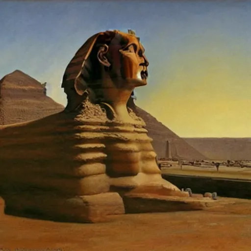 Image similar to the sphinx with the head of john cleese, young john cleese's head on the sphinx, painting by john martin