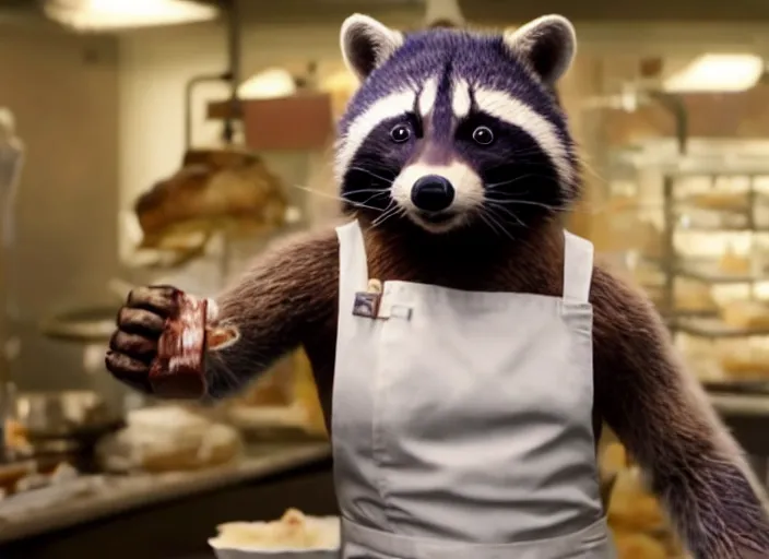 Image similar to film still of Rocket Racoon working as a pastry chef in the new Avengers movie, 4k