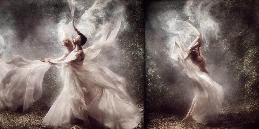 Image similar to underwater realistic photography of dancers with long gorgeous clothes , renaissance epic scene . Fluidity, elegance, beauty, in the middle of the woods, smoke in the stage. high details. by CHRISTY LEE ROGERS