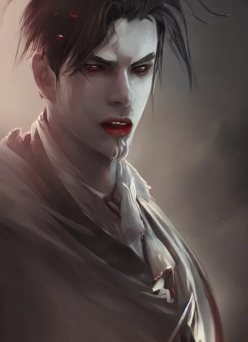 Image similar to detailed beautiful cool male character art depicting a vampire monster, concept art, depth of field, on amino, by sakimichan patreon, wlop, weibo, bcy. net, newgrounds high quality art on artstation.