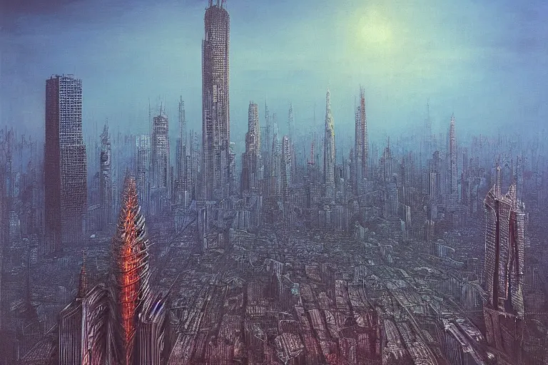 Image similar to Bangkok cityscape by HR Giger and Zdzislaw Beksinski, gothic, galactic, oil on canvas, artstation, dramatic scenery, masterpiece, aesthetic