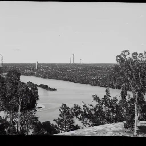 Image similar to a city on the moon with trees. river in the foreground. ocean in the background