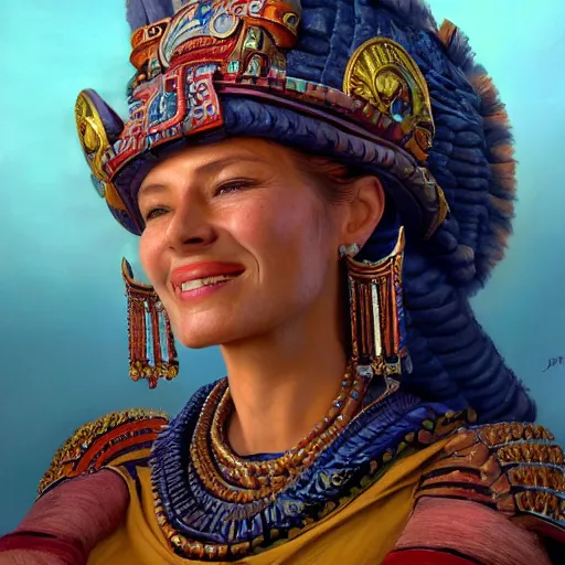 Prompt: an portrait of an happy female aztec empress, detailed, centered, digital painting, artstation, concept art, donato giancola, Joseph Christian Leyendecker, WLOP, Boris Vallejo, Breathtaking, 8k resolution, extremely detailed, beautiful, establishing shot, artistic, hyperrealistic, beautiful face, octane render