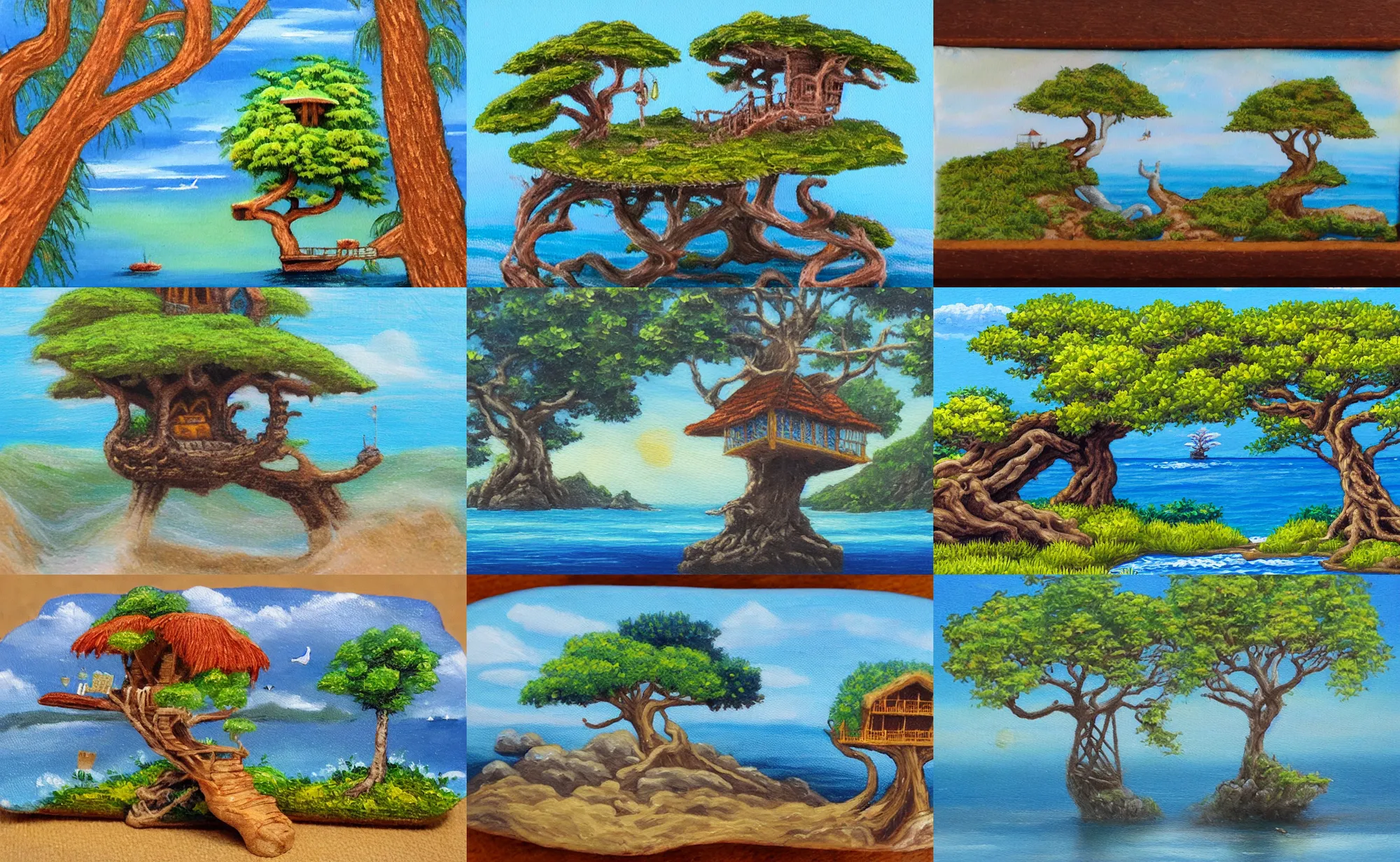 Prompt: miniature painting of a mystical island treehouse on the ocean