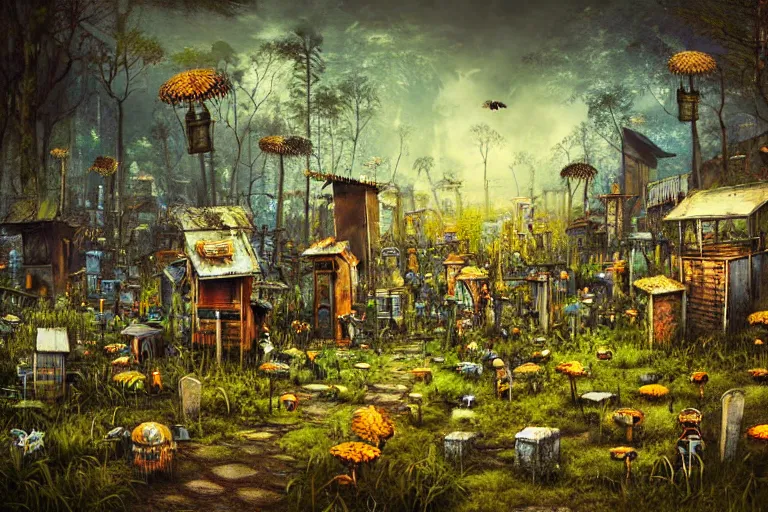 Image similar to simplicity, favela graveyard honeybee hive, fungal forest environment, industrial factory, cheerful, award winning art, epic dreamlike fantasy landscape, ultra realistic,