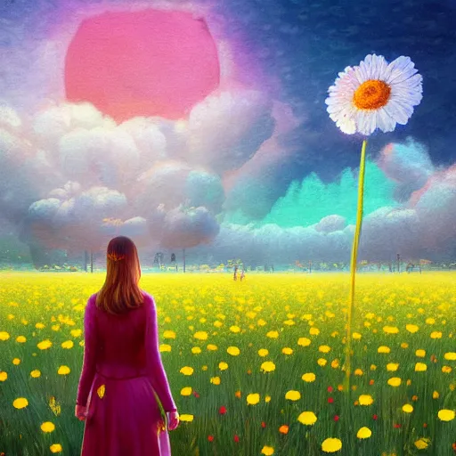 Prompt: giant daisy flower as a head, girl walking in flower field, surreal photography, moon light, dramatic, impressionist painting, colorful clouds, digital painting, artstation, simon stalenhag