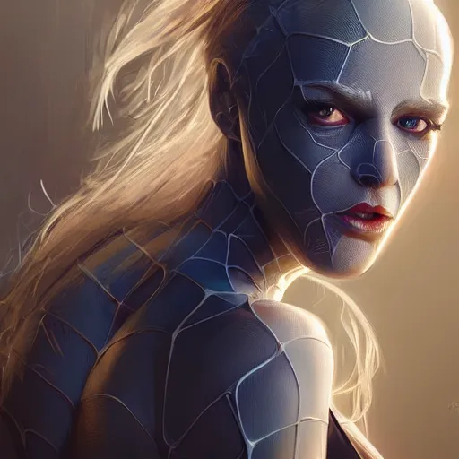 Image similar to full body portrait of white haired girl in spider man suit, super hero, webs, highly detailed, very beautiful face, very detailed eyes, digital art, artstation, concept art, smooth, sharp focus, greg rutkowski, wlop