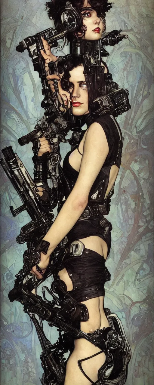 Prompt: striking sensual industrial art nouveau style portrait of cristina franco as a cyberpunk heavy metal rebel soldier by travis charest, simon bisley and alphonse mucha, photorealism, extremely hyperdetailed, perfect symmetrical facial features, perfect anatomy, ornate declotage, weapon, latex, excited expression, wild eyes