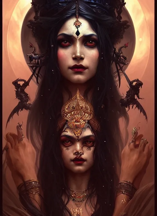 Image similar to a beautiful cinematic female kali goddess of death, fantasy landscape, fantasy magic,, dark light night, intricate, elegant, sharp focus, illustration, highly detailed, digital painting, concept art, matte, art by WLOP and Artgerm and Greg Rutkowski and Alphonse Mucha, masterpiece