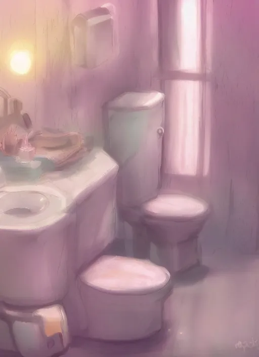 Image similar to placid pastel morning cute cluttered painterly fluffy tiny cramped bathroom trending on pixiv