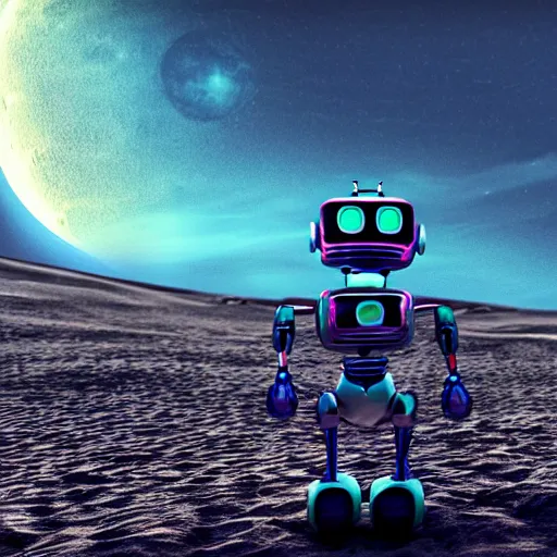 Image similar to the blue godot robot ponders looking up at the moon, vray