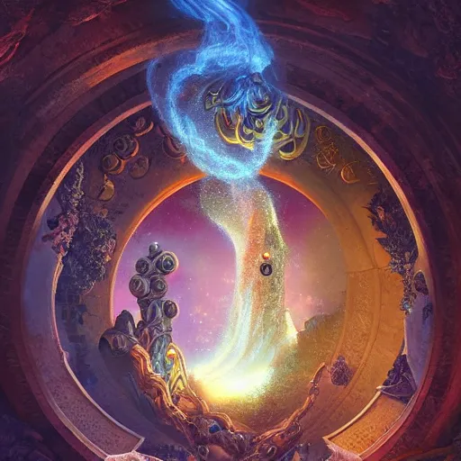 Prompt: highly detailed, intricate beautifully stunning elemental Kinocorium in the middle of a keyhole portal overlooking the cosmic Succularium by Andrei Riabovitchev, Shaun Tan and Peter Mohrbacher. stunning atmosphere, fiery prismatic nebula