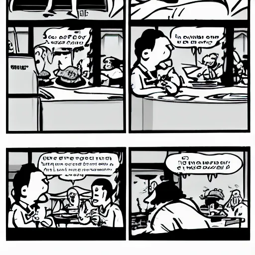 Image similar to A black and white comic strip about a large man making an order at a restaurant