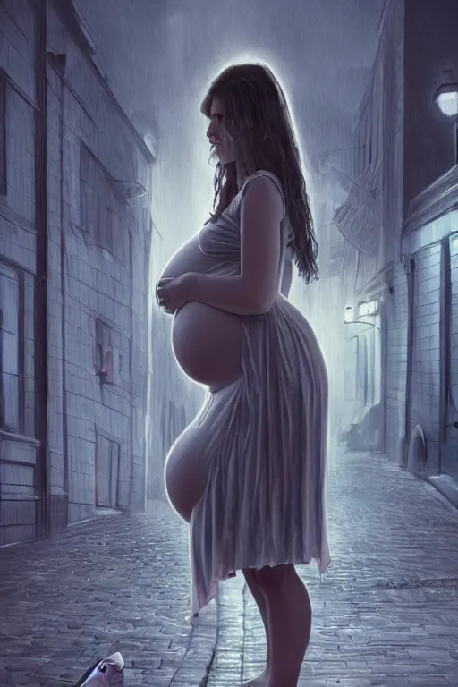 Image similar to pregnant woman under street light, highly detailed, sharp focused, ultra realistic digital concept art by Nikolai Shurygin