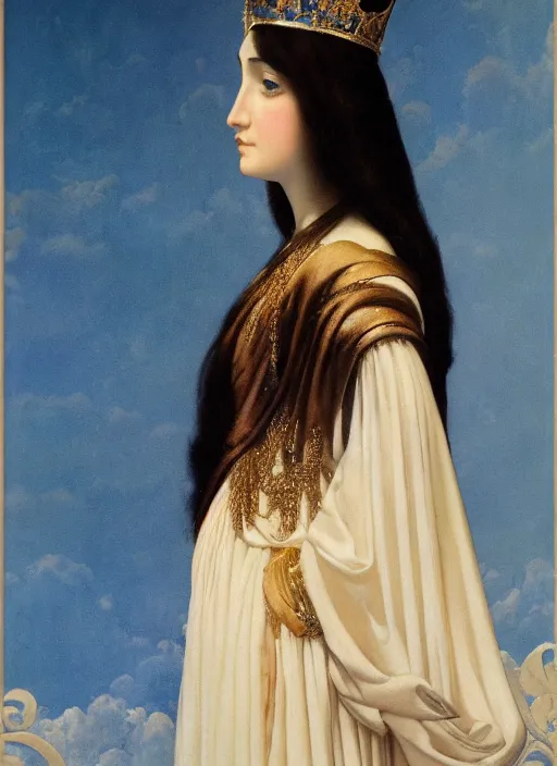 Image similar to an oil painting a queen with dark hair and white fair skin standing on a throne by maxfield parrish, highly detailed, realistic, realism, oil painting, 1 9 th