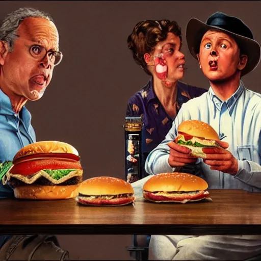 Prompt: astounded billy crystal eating a massive big mac hamburger, extra pickles and onions, ultra detailed, style of norman rockwell, style of richard corben, 4 k, rule of thirds.