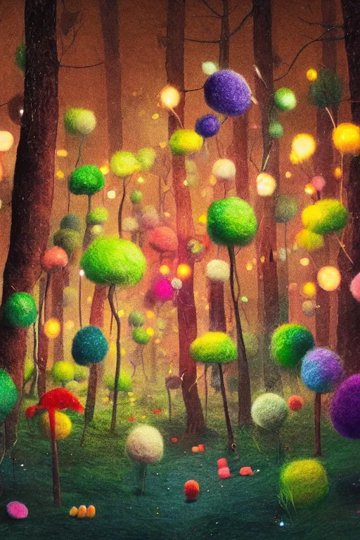 Image similar to a matte digital painting of a candy forest at night, bokeh, bright colours, watercolor, volumetric wool felting, macro photography, children illustration, by goro fujita
