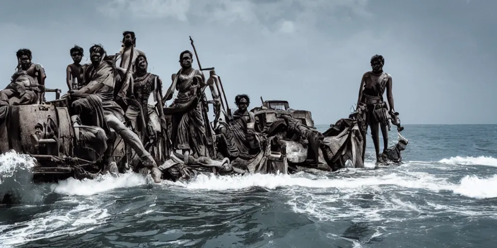 Prompt: sri lankan mad max style on a ship, ocean, film still, epic shot cinematography, rule of thirds
