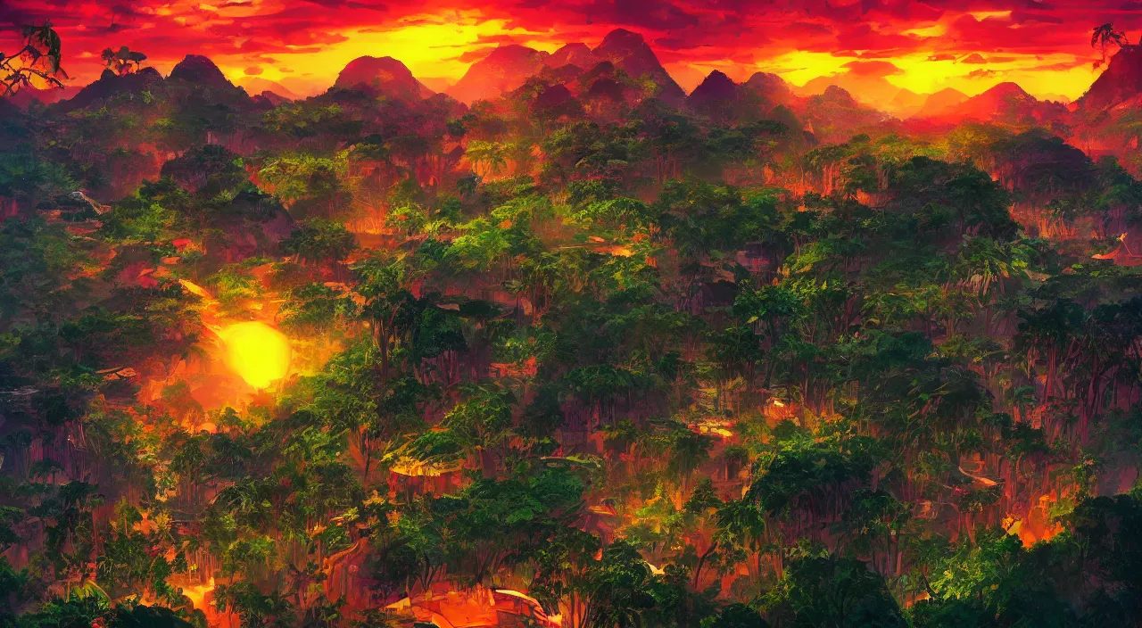 Image similar to saigon jungle mountains sunset sky rice patties beautiful artstation 4 k breathtaking illustration cartoon by jack kirby artstation concept art matte painting