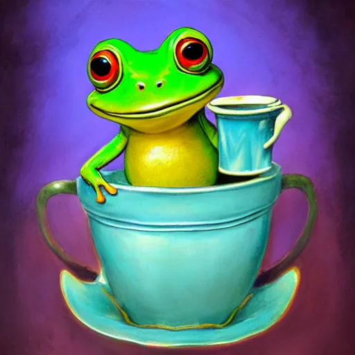 Prompt: playful long shot of a very happy cute frog baby sitting in a searose cup, by esao andrews, by m. w. kaluta, very humorous illustration, small depth of field, perspective perception, volumetric light, warm cosy colors, night scenery, low light, unreal engine 5, 8 k, conceptart, hyperdetailed, hyperrealistic, trending on artstation