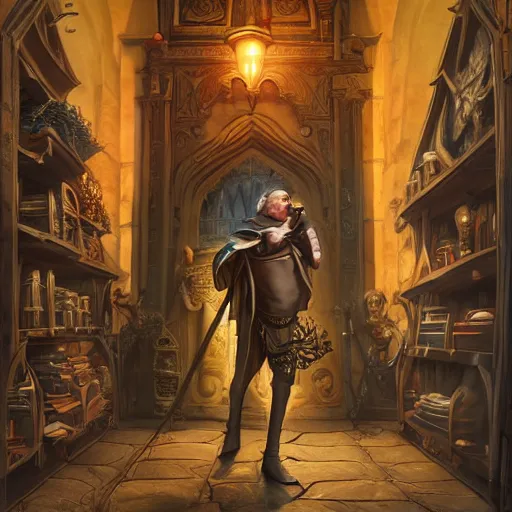 Image similar to full body artwork of Dennis hopper as a devious medieval lord standing on the right inside a big medieval Shop with tall windowpane, shelves full of medieval goods, morning light, trending on artstation, style of peter mohrbacher, unreal engine, octane render, intricate details, 8k high definition, beauriful, ornate, hyperrealistic