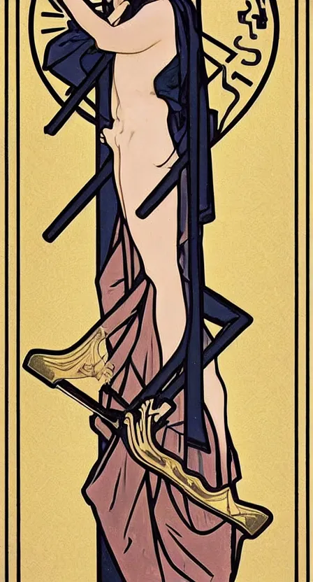 Prompt: a tarot card of the grim reaper with a scythe, standing on a pile of bones. illustrated in an art deco style by tamara de lempika and an elegant border by alphonse mucha. | studio lighting | digital painting, stunning lighting, trending on artstation