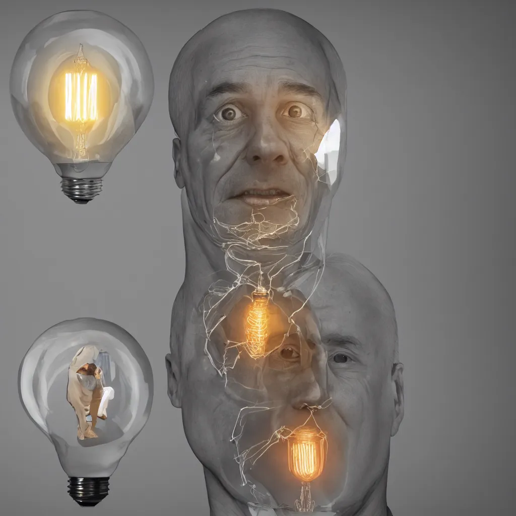 Prompt: a lightbulb with a hyper realistic human head filing the entire inside the glass