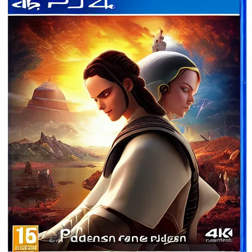 Prompt: video game box art of a ps 4 game called padme's journey to the darkside, 4 k, highly detailed cover art.