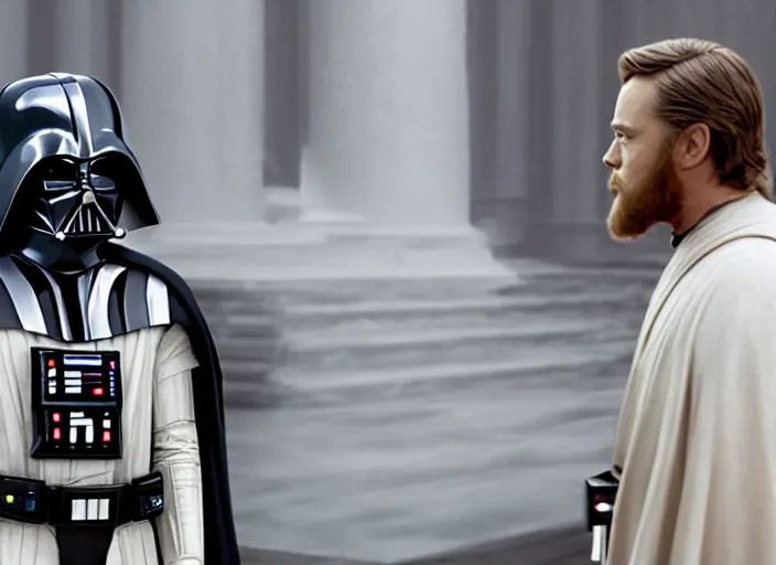 Prompt: film still of Darth Vader debates obi wan kenobi in congress in the new Star Wars movie, 4k
