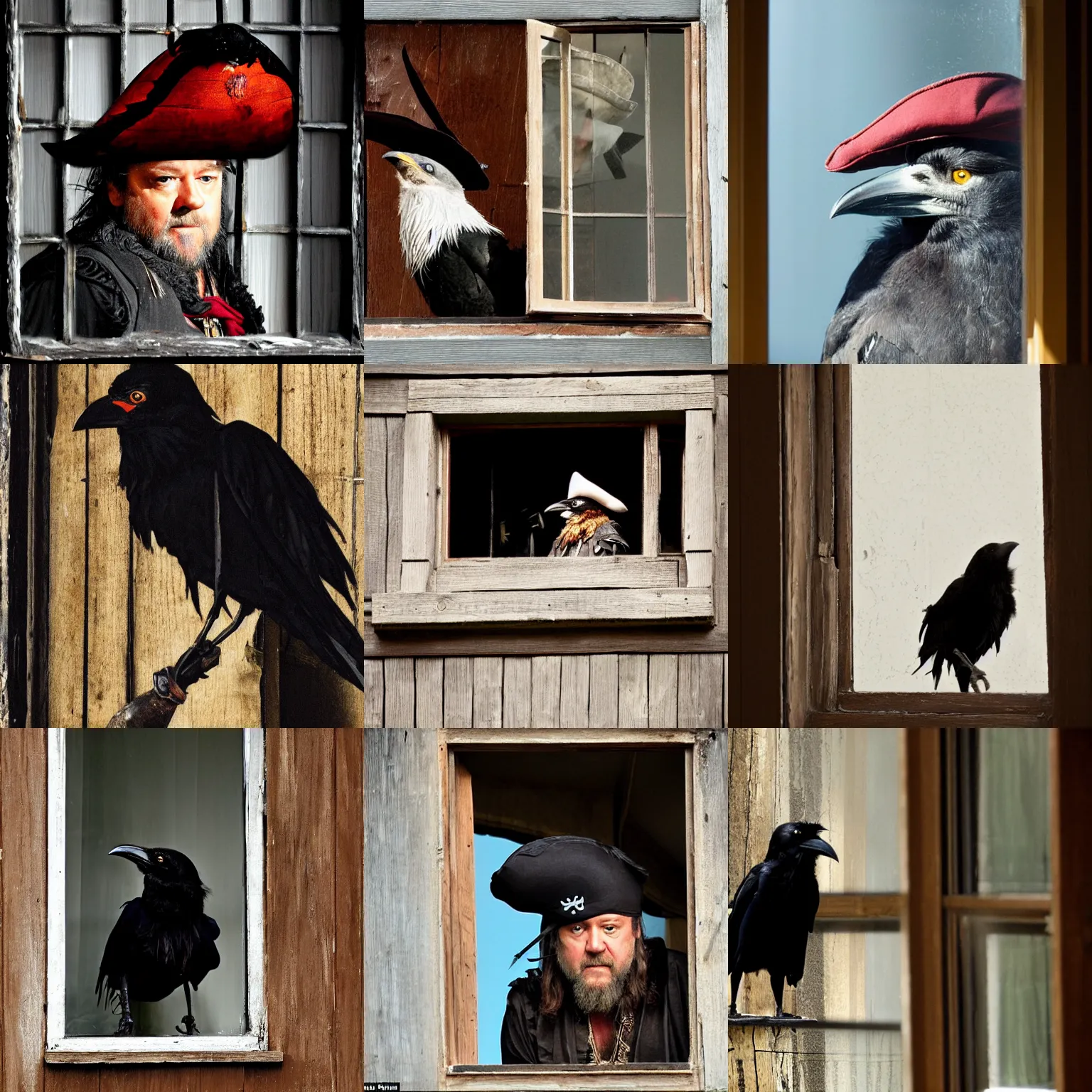 Prompt: an anthropomorphic crow as russell crowe with a large pirate hat on its head, peering out concerned down to camera from a small dusty glass window in a wooden wall, 2 0 1 2