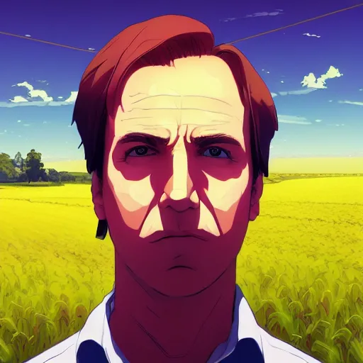 Prompt: “⁠ portrait of Saul Goodman , farm field background, rich vivid colors, ambient lighting, dynamic lighting, 4k, HQ, official media, anime key visual, makoto shinkai, ilya kuvshinov, lois van baarle, rossdraws, detailed, trending on artstation”