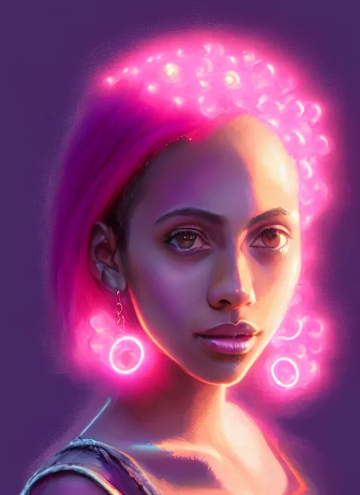 Image similar to portrait of teenage vanessa morgan with bright pink hair, black girl, curly pixie cut hair, wearing a purple breton cap, breton cap, hoop earrings, intricate, elegant, glowing lights, highly detailed, digital painting, artstation, concept art, smooth, sharp focus, illustration, art by wlop, mars ravelo and greg rutkowski