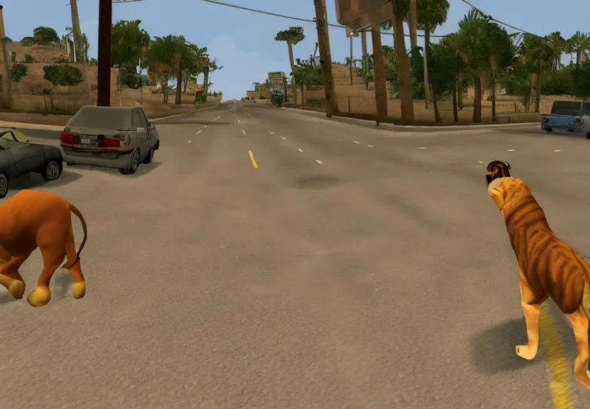 Prompt: A screenshot of Simba in GTA San Andreas.