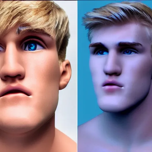 Image similar to a realistic detailed photo of boxer & youtuber jake paul as a humanoid robot, half humanoid, half robot, blank stare, shiny skin