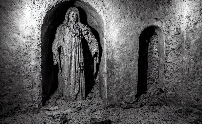 Prompt: several decrepit creepy statues of the archangel gabriel looking at the camera, placed throughout a dark claustrophobic old catacomb cavern, realistic, underexposed photography, depth of field, wide shot, sinister, bad lighting, foreboding, blurry grainy photo