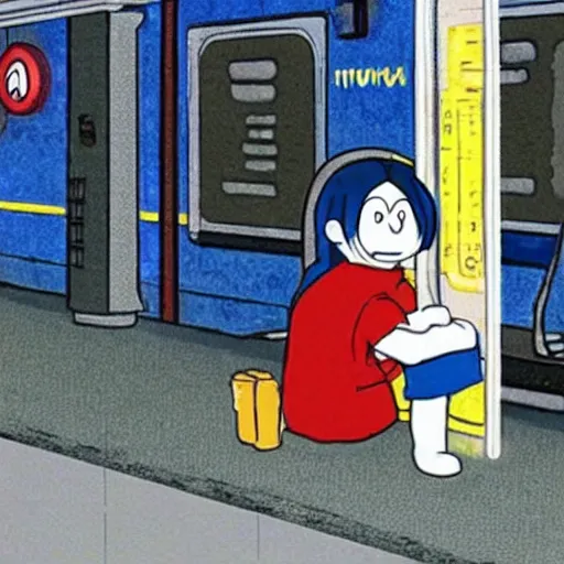 Prompt: doraemon homeless in a subway in new york, dimly lit begging for change, photorealistic sensual