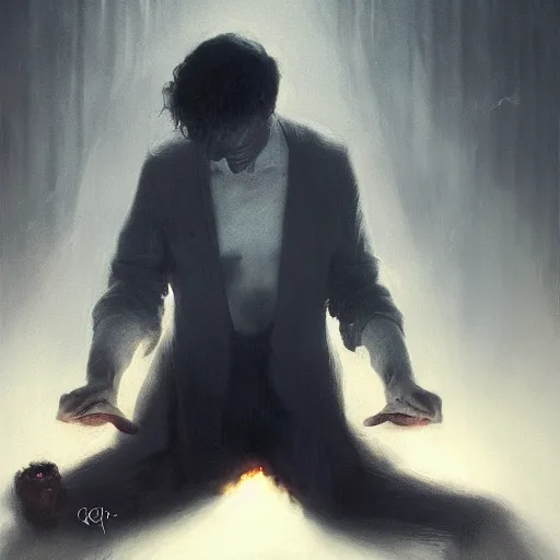 Image similar to UHD photorealistic Man signing his soul over to the devil, in the style of tonalism by Greg Rutkowski, trending on Artstation, hyperrealistic, correct details, symmetrical faces