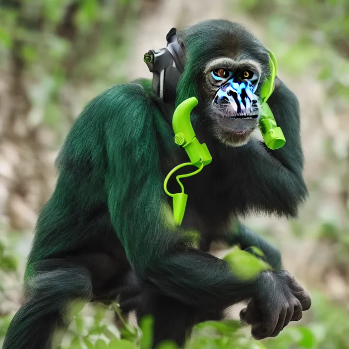 Image similar to a high quality photo of a green chimp wearing headphones, realism, 8k