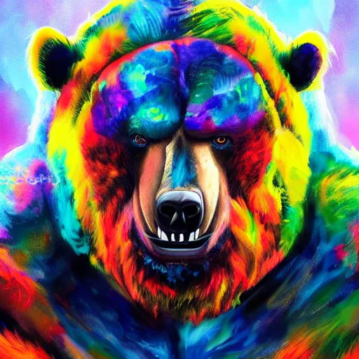 Image similar to a head and shoulder portrait of bear beast-man painted in the colorful and expressive style of Kotwdq, trending on Artstation 8k photorealistic