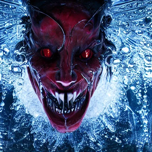 Prompt: a demon inspired by water created by the make up artist hungry, photographed by andrew thomas huang, cinematic, expensive visual effects