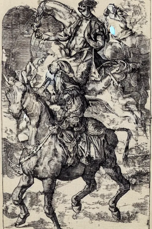 Prompt: 'A woodcut print of Frank Zappa playing the guitar whilst riding a horse, by Albrecht Dürer'