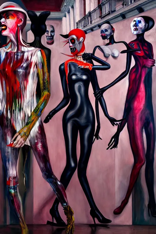 Image similar to crazy fashion catwalk, latex, constructivism, freak show, one model, crazy clothes, biopunk style, horror, hauntingly surreal, highly detailed painting by francis bacon, edward hopper, adrian ghenie, gerhard richter, and james jean 4 k