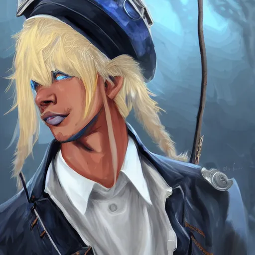 Image similar to african american man with blue eyes, blonde hair, horns, wearing steampunk attire, highly detailed, digital painting, artstation, matte, by makoto shinkai, animation style